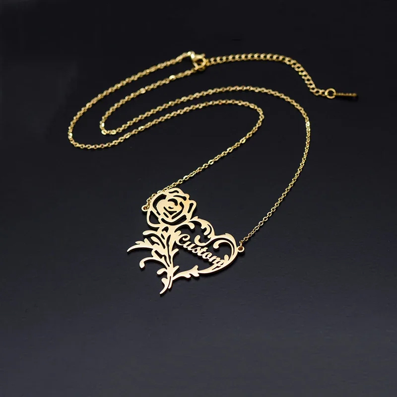 Custom Name Rose Heart Charm N - Birth Flower Necklace 评论和价格