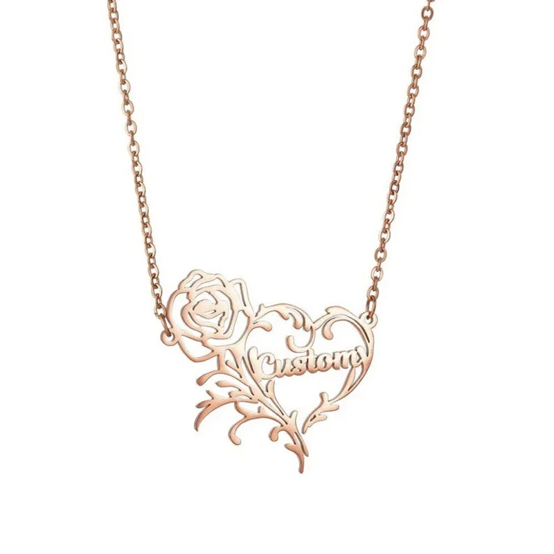 Custom Name Rose Heart Charm N - Birth Flower Necklace 评论和价格